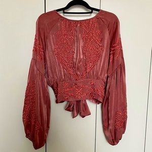 Free People Crop Satin Tie Back Balloon Sleeve Blouse with Embroidering Size M